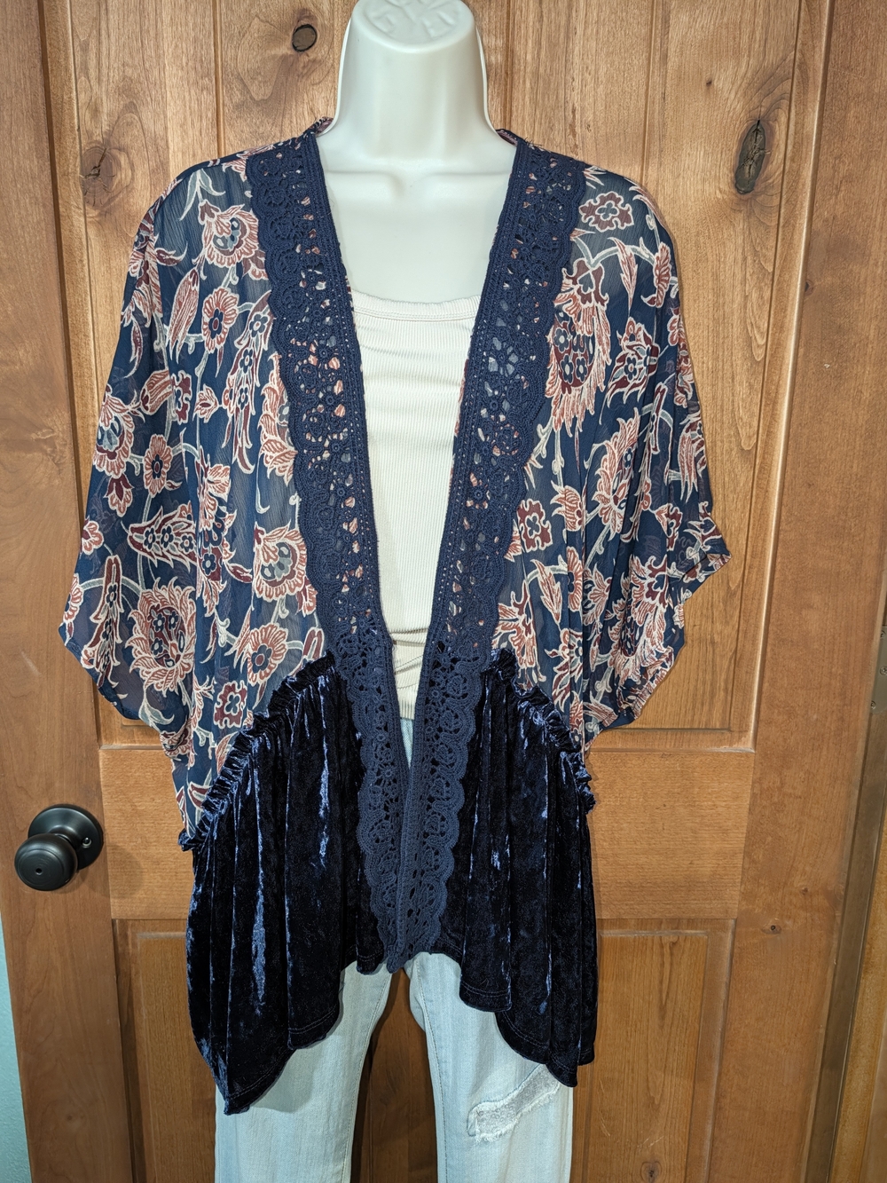 Jolt Navy Floral Kimono with Blush Accents Lace & Velvet Trim